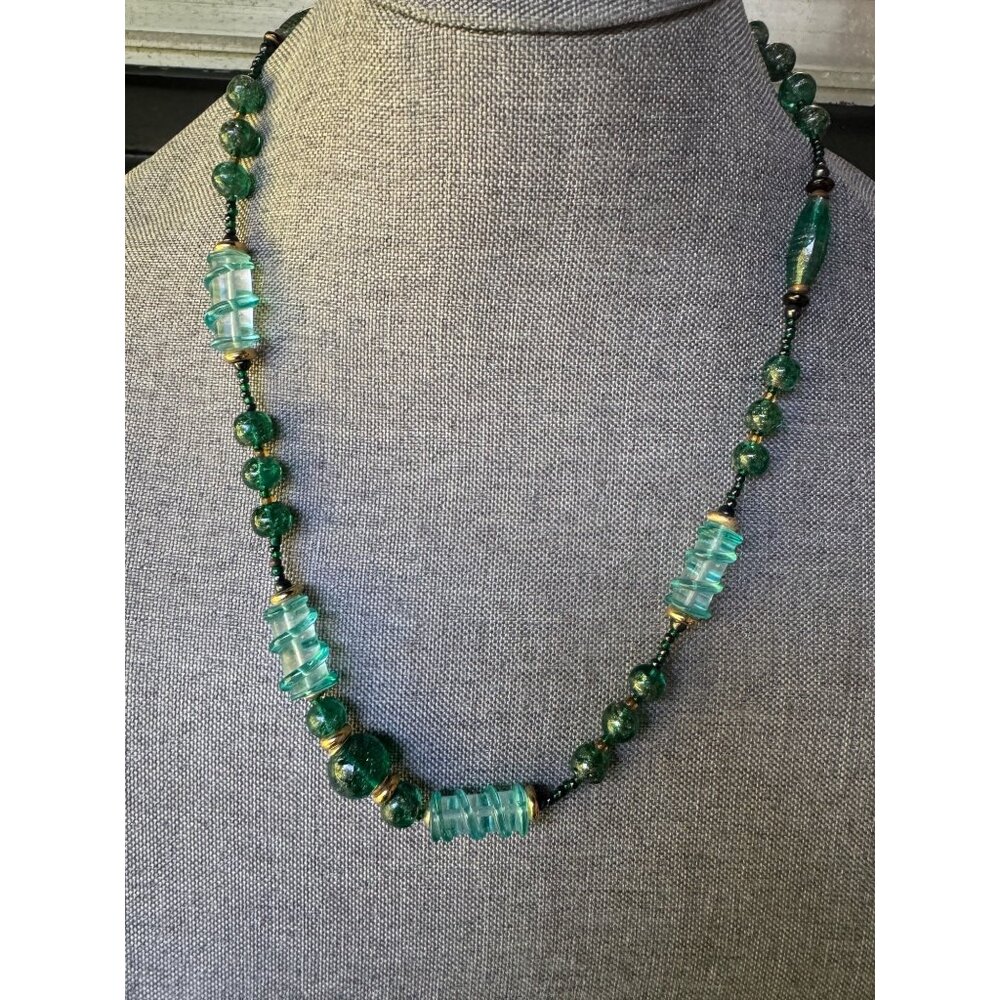 Vintage Green Murano Glass Beaded Necklace With Gold Accents